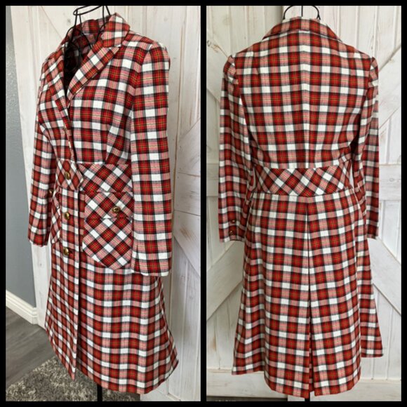 60s Vintage Junior Accent Red White Black Tartan Plaid Mod Jacket Skirt Suit Set - Picture 5 of 15